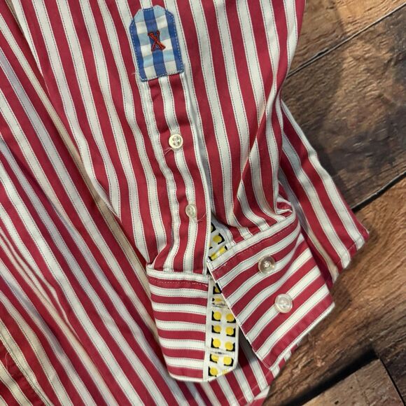 Robert Graham Men's XL Long Sleeve Shirt Red White Stripe Flip Cuff Patch - Picture 3 of 13